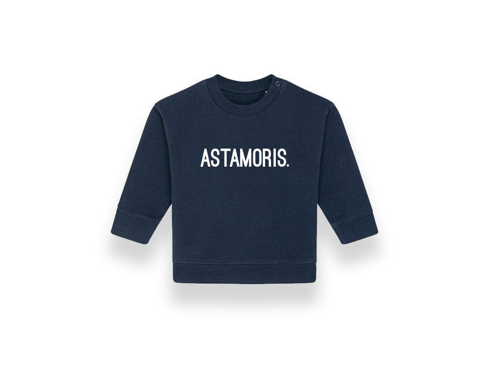 Donkerblauwe baby sweater met opdruk ASTAMORIS.