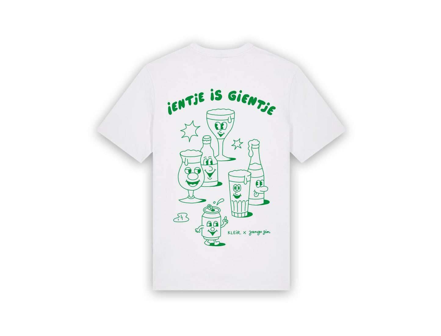 Witte T-shirt met een tekening van Jango Jim 'Ientje is gientje'.