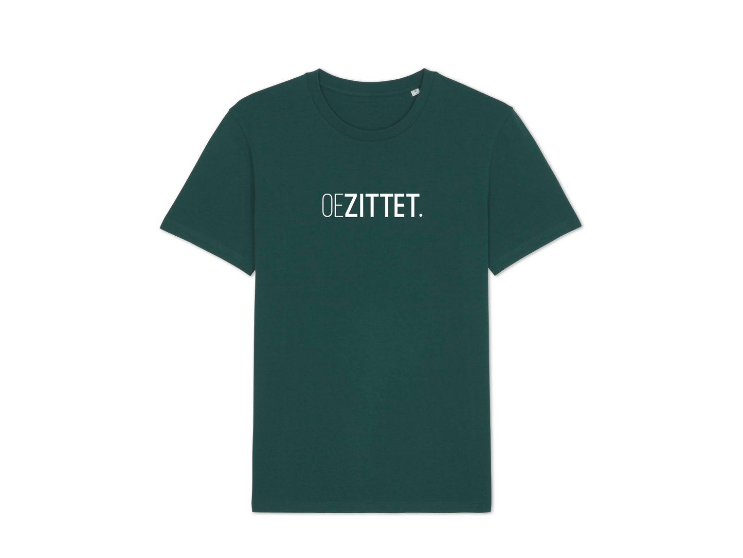 Petrolblauwe T-shirt met opdruk OEZITTET.