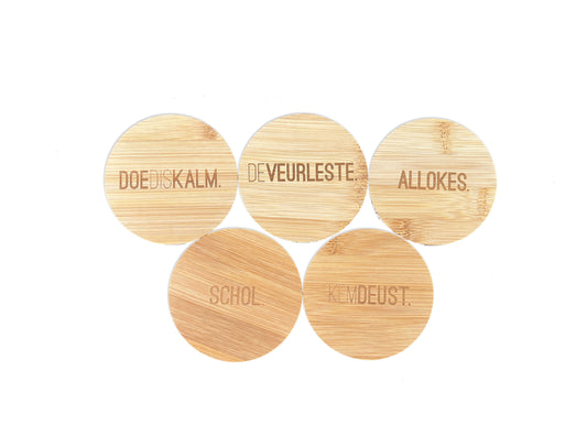 Set van 5 onderzetters met Antwerpse uitspraken.