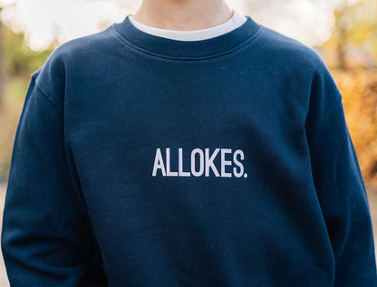 Donkerblauwe sweater met opdruk ALLOKES. voor kinderen