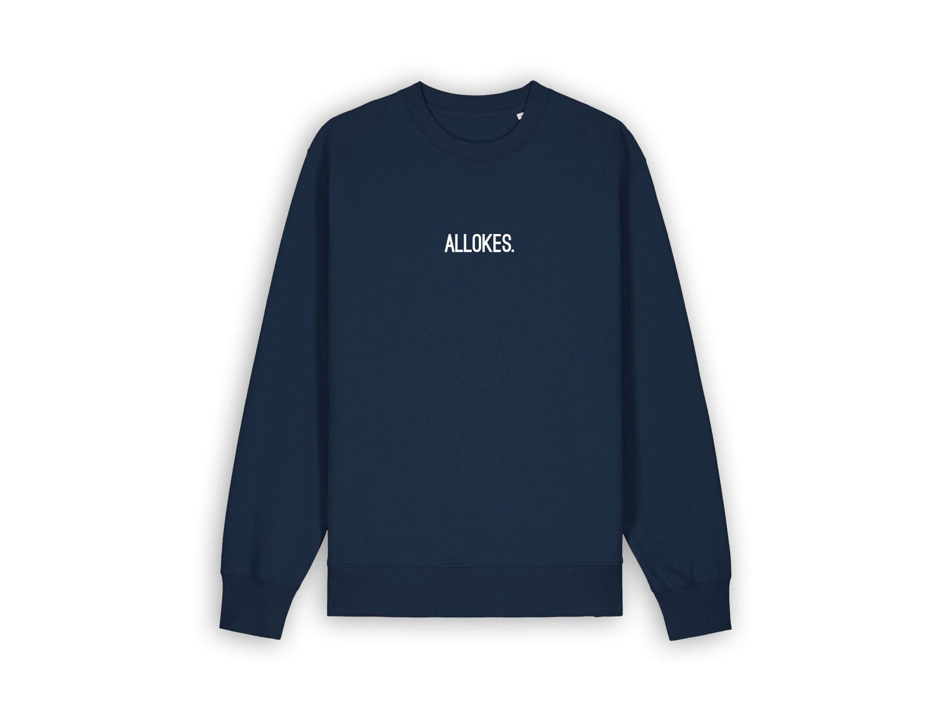 Donkerblauwe sweater met opdruk ALLOKES.