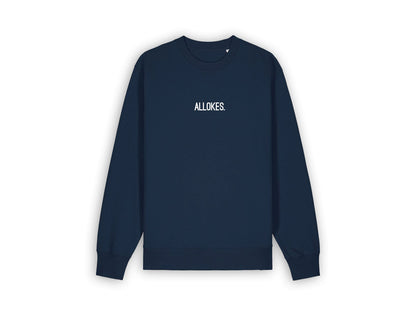 Donkerblauwe sweater met opdruk ALLOKES.