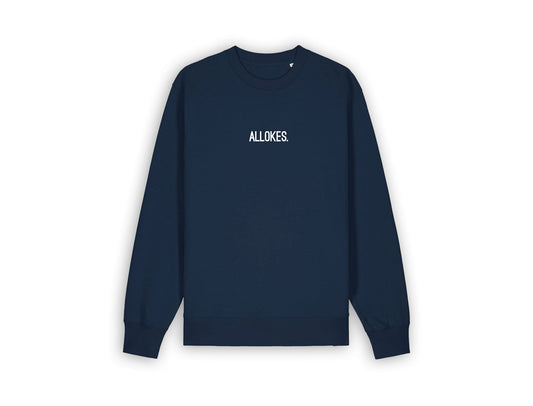 Donkerblauwe sweater met opdruk ALLOKES.
