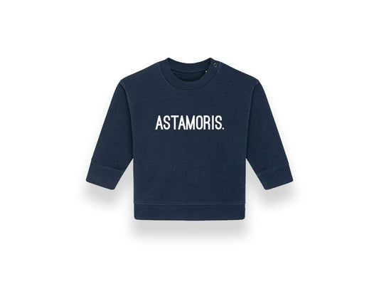 Donkerblauwe baby sweater met opdruk ASTAMORIS.