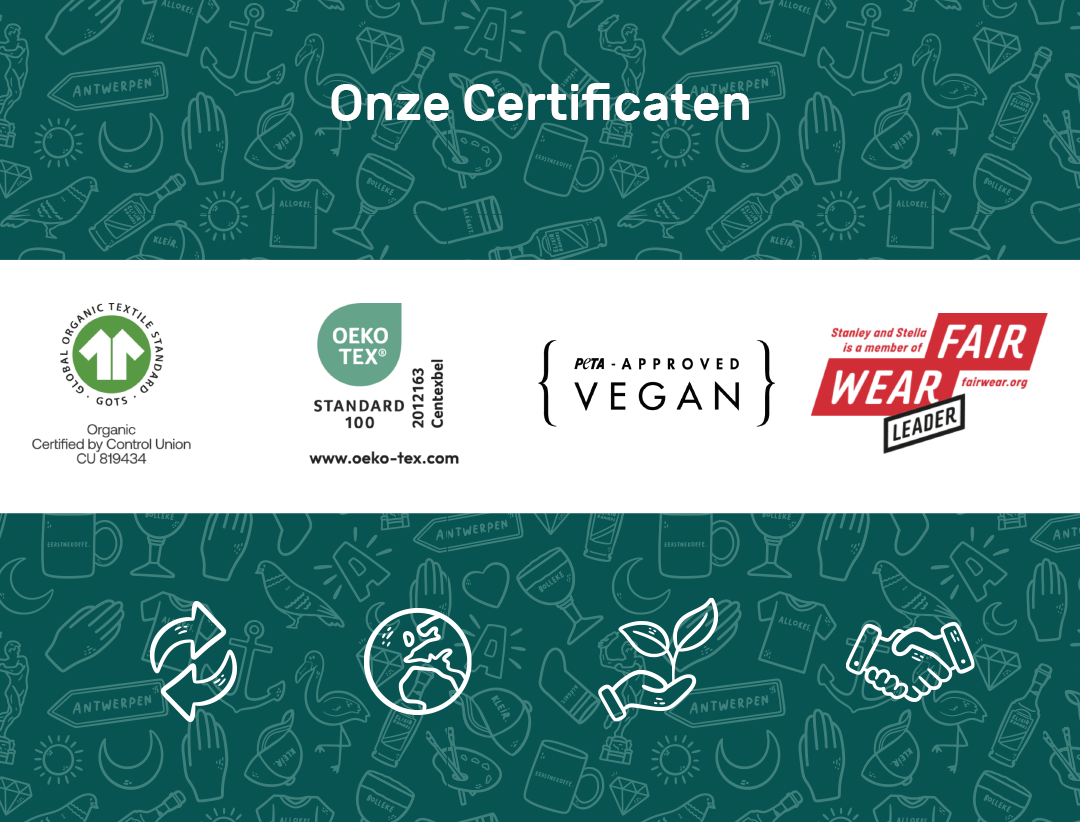 Certificaten en Labels FairWear. Organic cotton, Vegan, OEKO TEX.