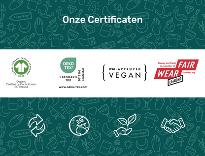 Certificaten en Labels FairWear. Organic cotton, Vegan, OEKO TEX.
