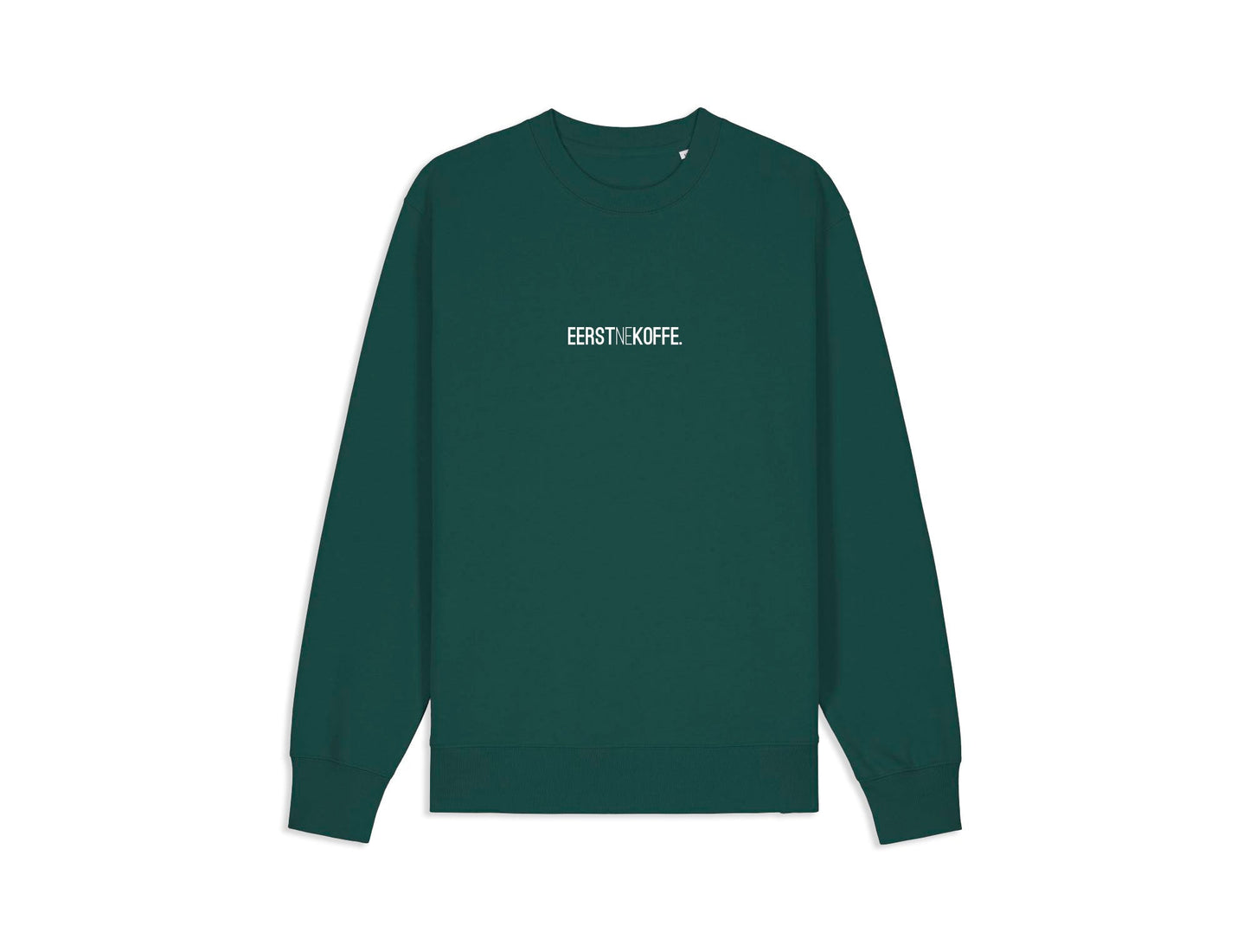 Groene sweater met opdruk EERSTNEKOFFE.