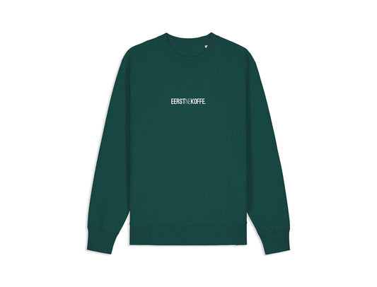 Groene sweater met opdruk EERSTNEKOFFE.
