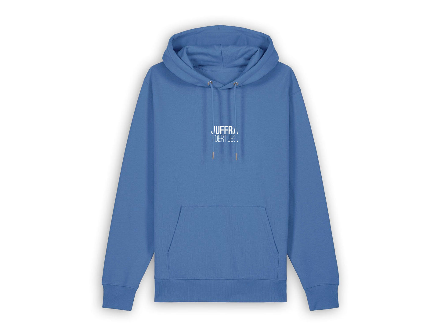 Blauwe hoodie met opdruk JUFFRATOERTJES.