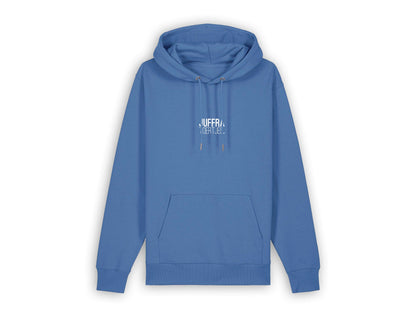 Blauwe hoodie met opdruk JUFFRATOERTJES.
