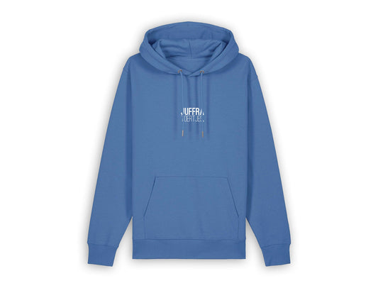 Blauwe hoodie met opdruk JUFFRATOERTJES.