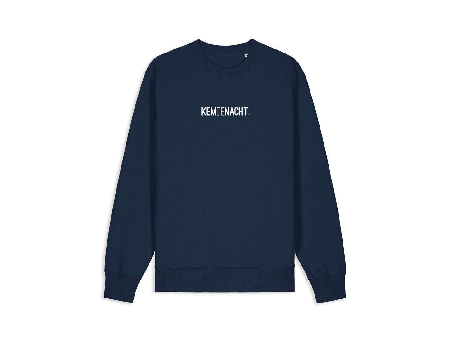 Donkerblauwe sweater met opdruk KEMDENACHT.