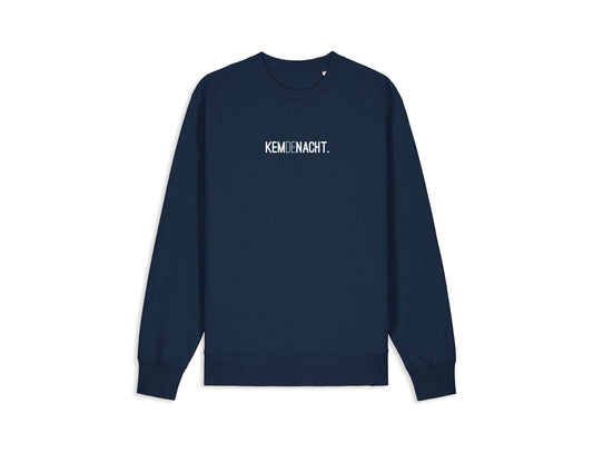 Donkerblauwe sweater met opdruk KEMDENACHT.