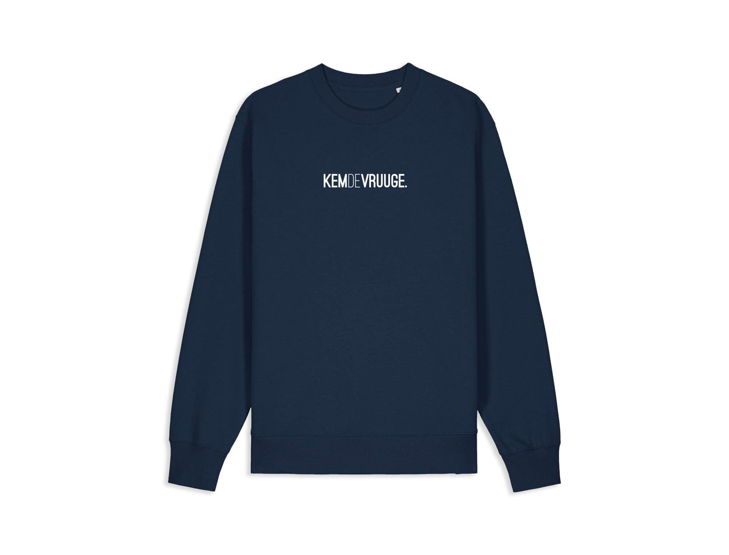 Donkerblauwe sweater met opdruk KEMDEVRUUGE.