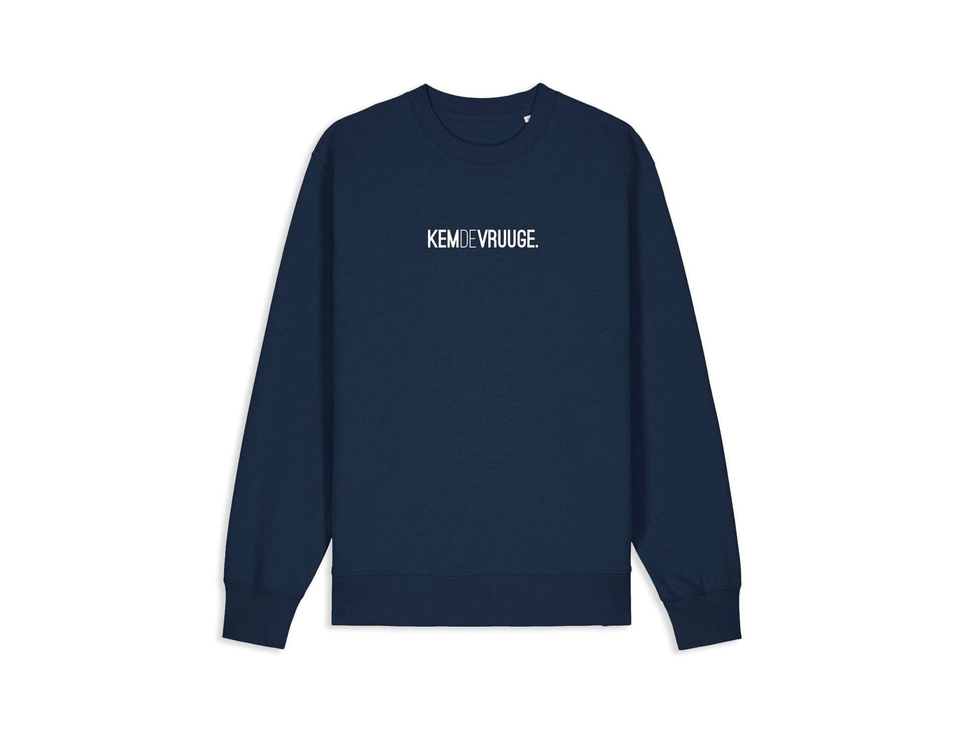 Donkerblauwe sweater met opdruk KEMDEVRUUGE.