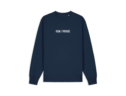 Donkerblauwe sweater met opdruk KEMDEVRUUGE.