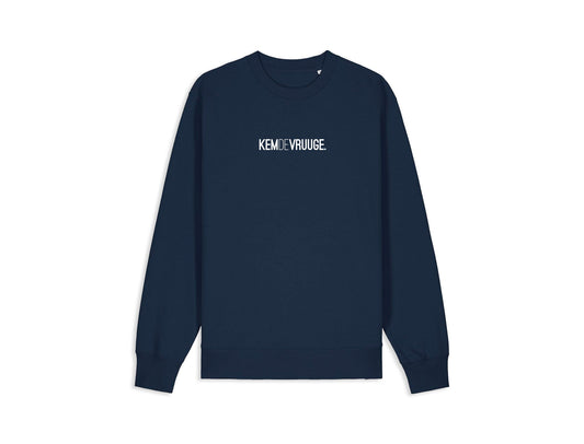Donkerblauwe sweater met opdruk KEMDEVRUUGE.