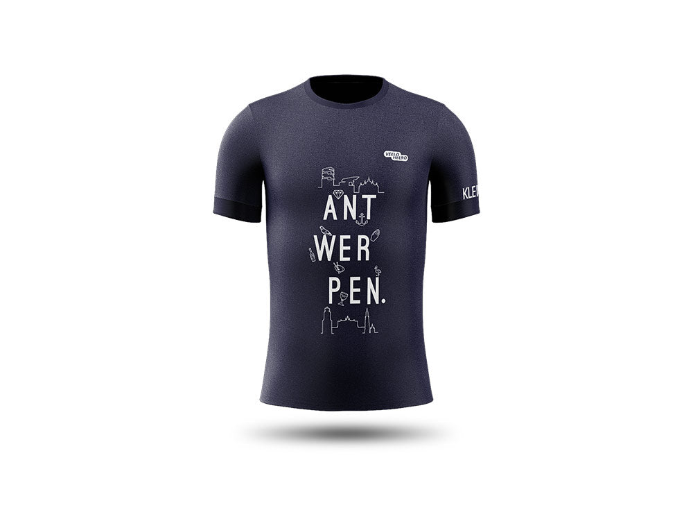 Blauw loopshirt met opdruk ANTWERPEN en grafische elementen van de stad Antwerpen.