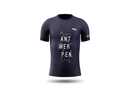 Blauw loopshirt met opdruk ANTWERPEN en grafische elementen van de stad Antwerpen.
