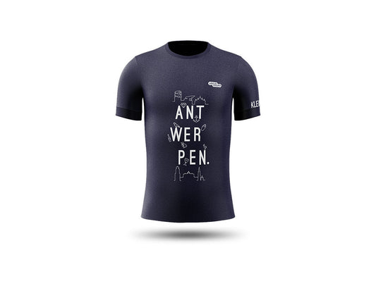 Blauw loopshirt met opdruk ANTWERPEN en grafische elementen van de stad Antwerpen.