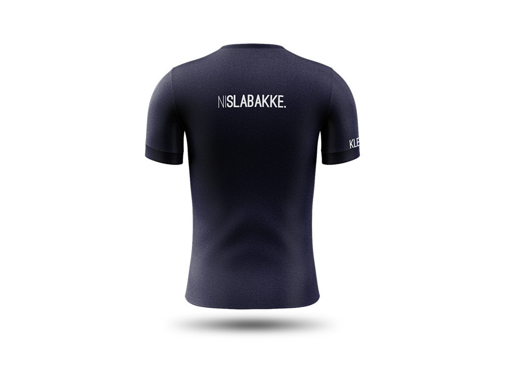 Blauw loopshirt met opdruk NISLABAKKE. op de achterzijde.
