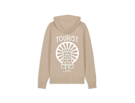 Zandkleurige hoodie een limited edition backprint met een knipoog naar 't Steen in Antwerpen.