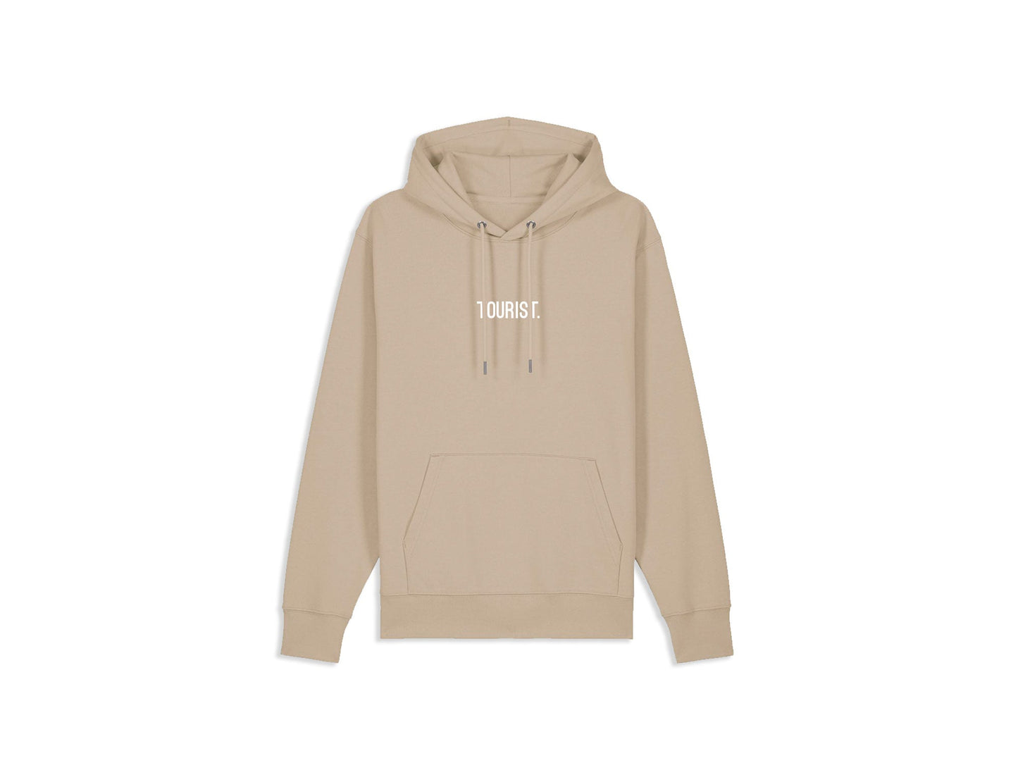 Zandkleurige hoodie TOURIST. op de voorkant.