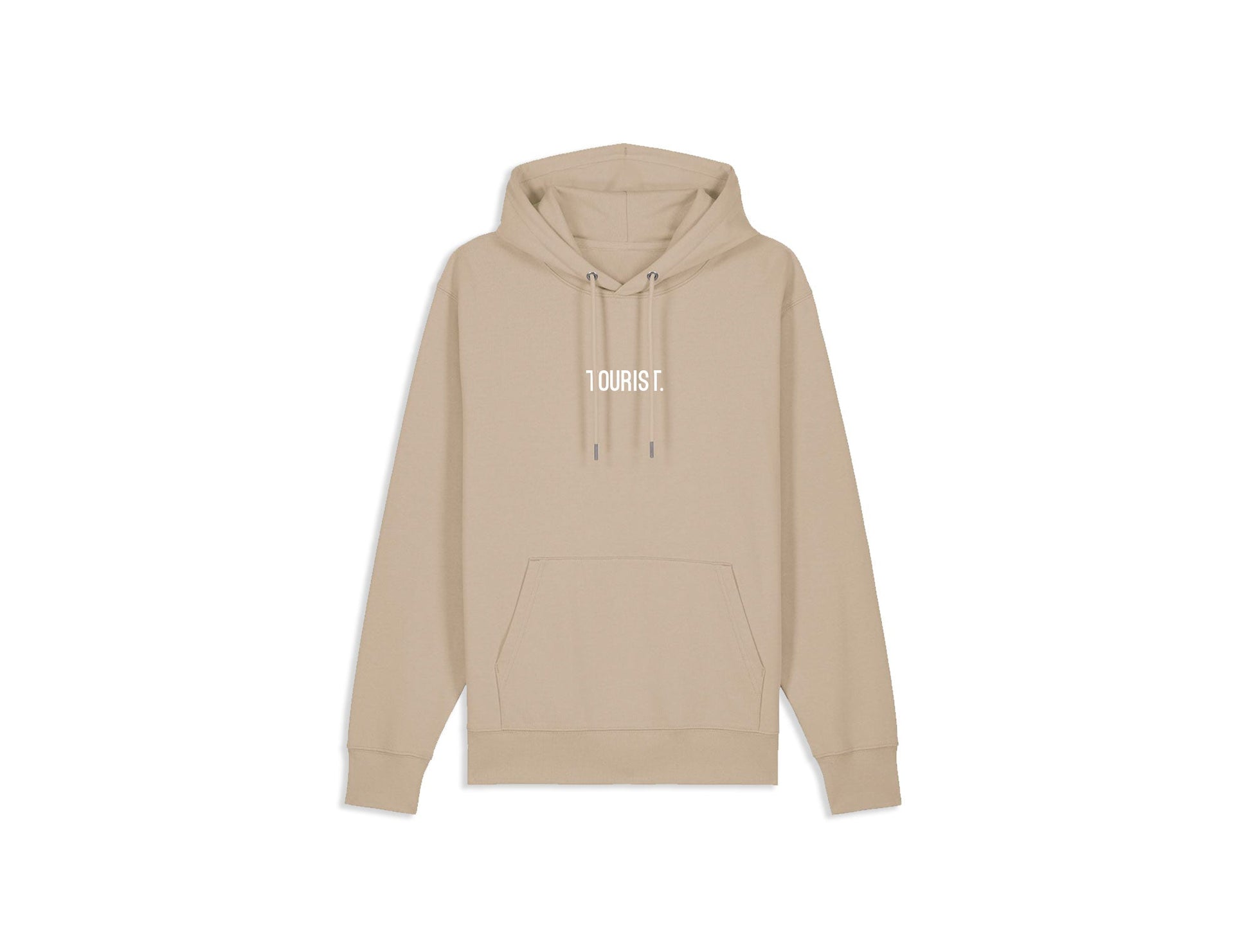Zandkleurige hoodie TOURIST. op de voorkant.