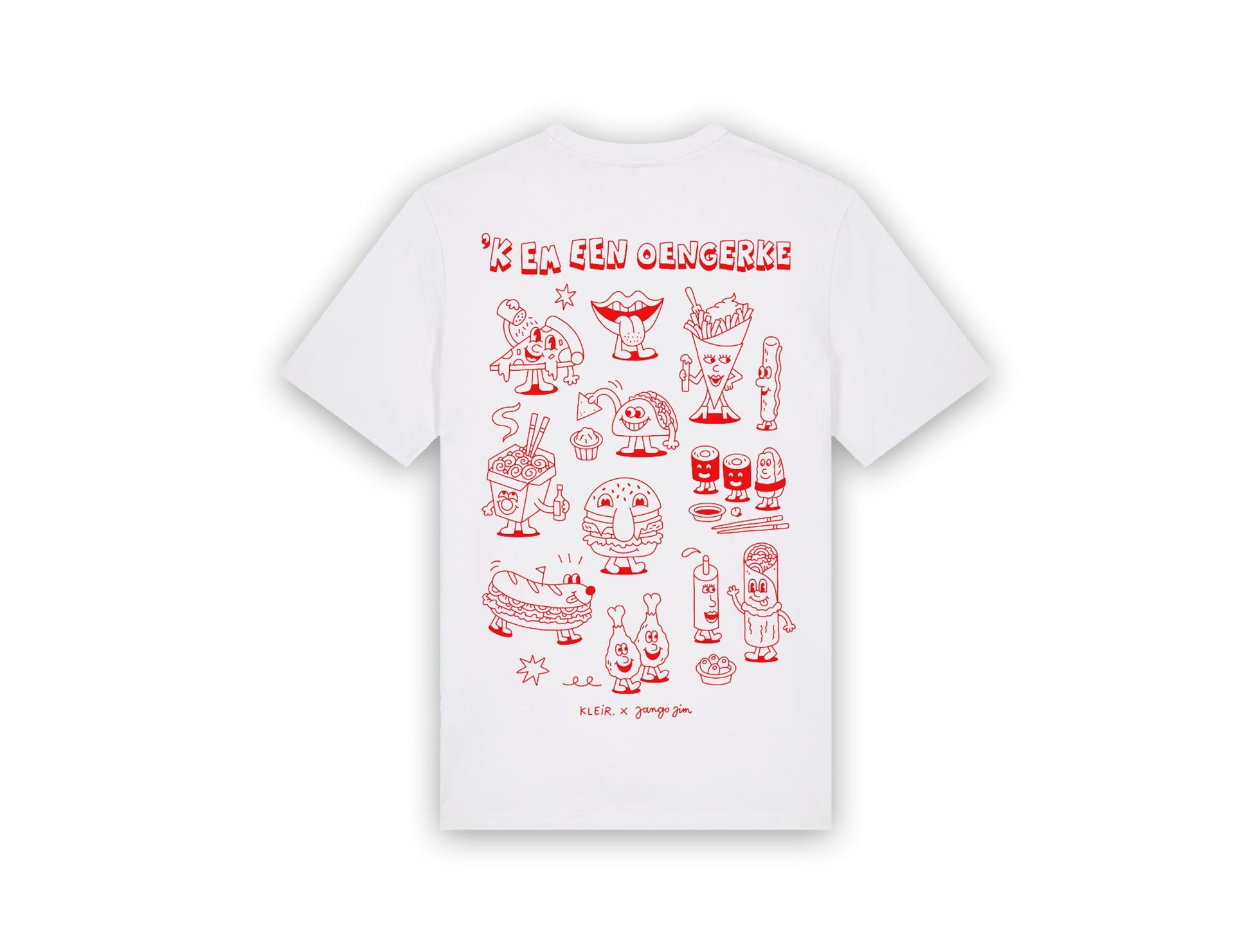 Witte T-shirt met een tekening van Jango Jim 'Kem een oengerke'.