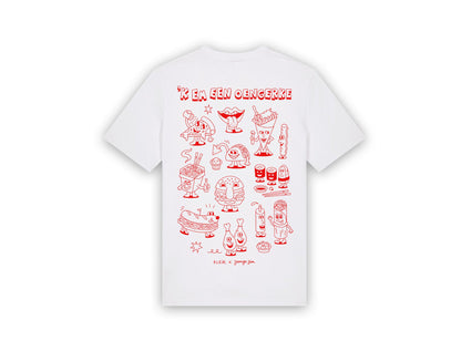 Witte T-shirt met een tekening van Jango Jim 'Kem een oengerke'.