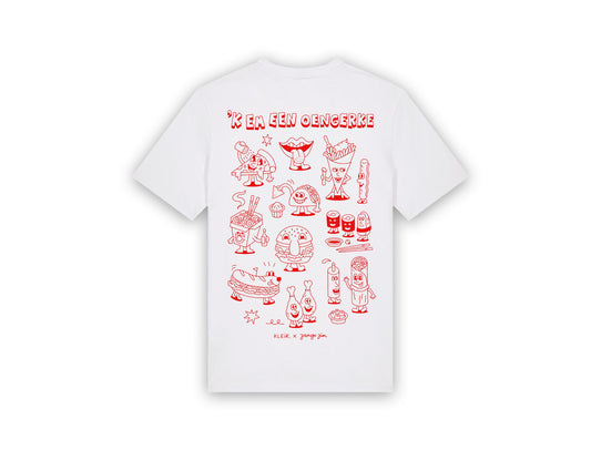 Witte T-shirt met een tekening van Jango Jim 'Kem een oengerke'.