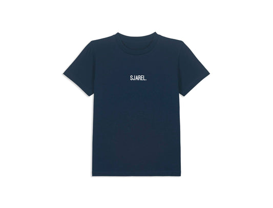 Donkerblauwe T-shirt met opdruk SJAREL. voor kinderen