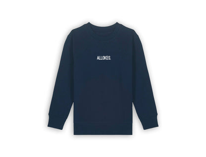 Donkerblauwe sweater met opdruk ALLOKES. voor kinderen