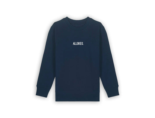 Donkerblauwe sweater met opdruk ALLOKES. voor kinderen