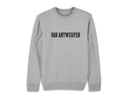 Grijze trui met opdruk 'VAN ANTWERPEN'.