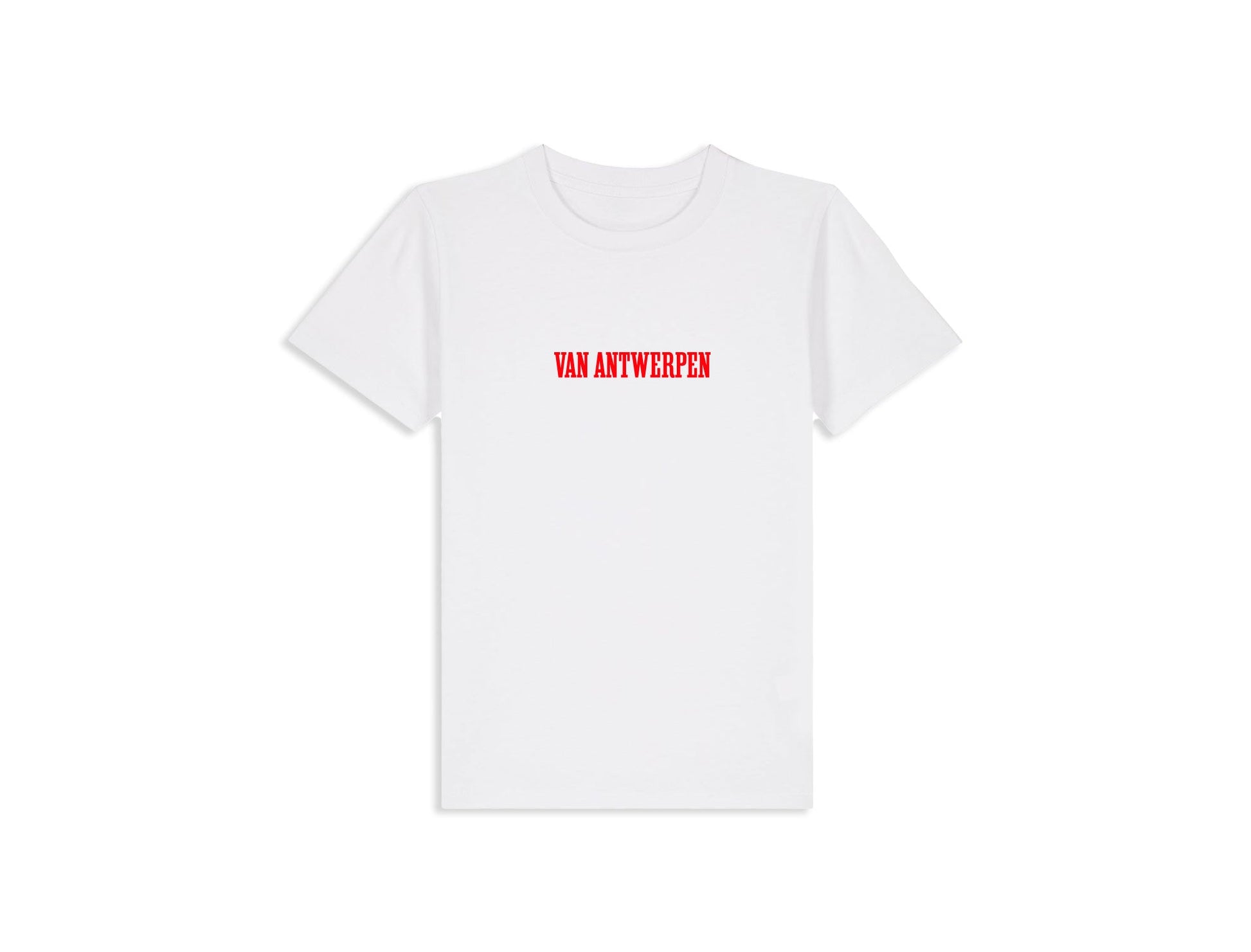 Witte T-shirt voor kinderen met opdruk Van Antwerpen met typische GVA letters.