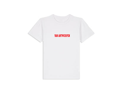Witte T-shirt voor kinderen met opdruk Van Antwerpen met typische GVA letters.