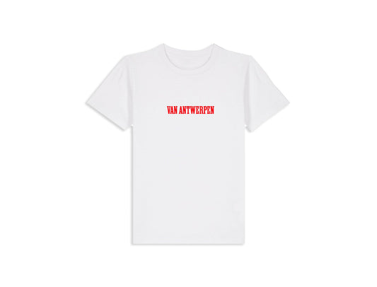 Witte T-shirt voor kinderen met opdruk Van Antwerpen met typische GVA letters.