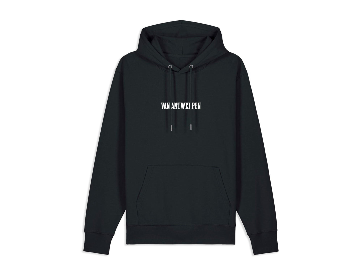 Zwarte hoodie met opdruk Van Antwerpen in de typische GVA letters.