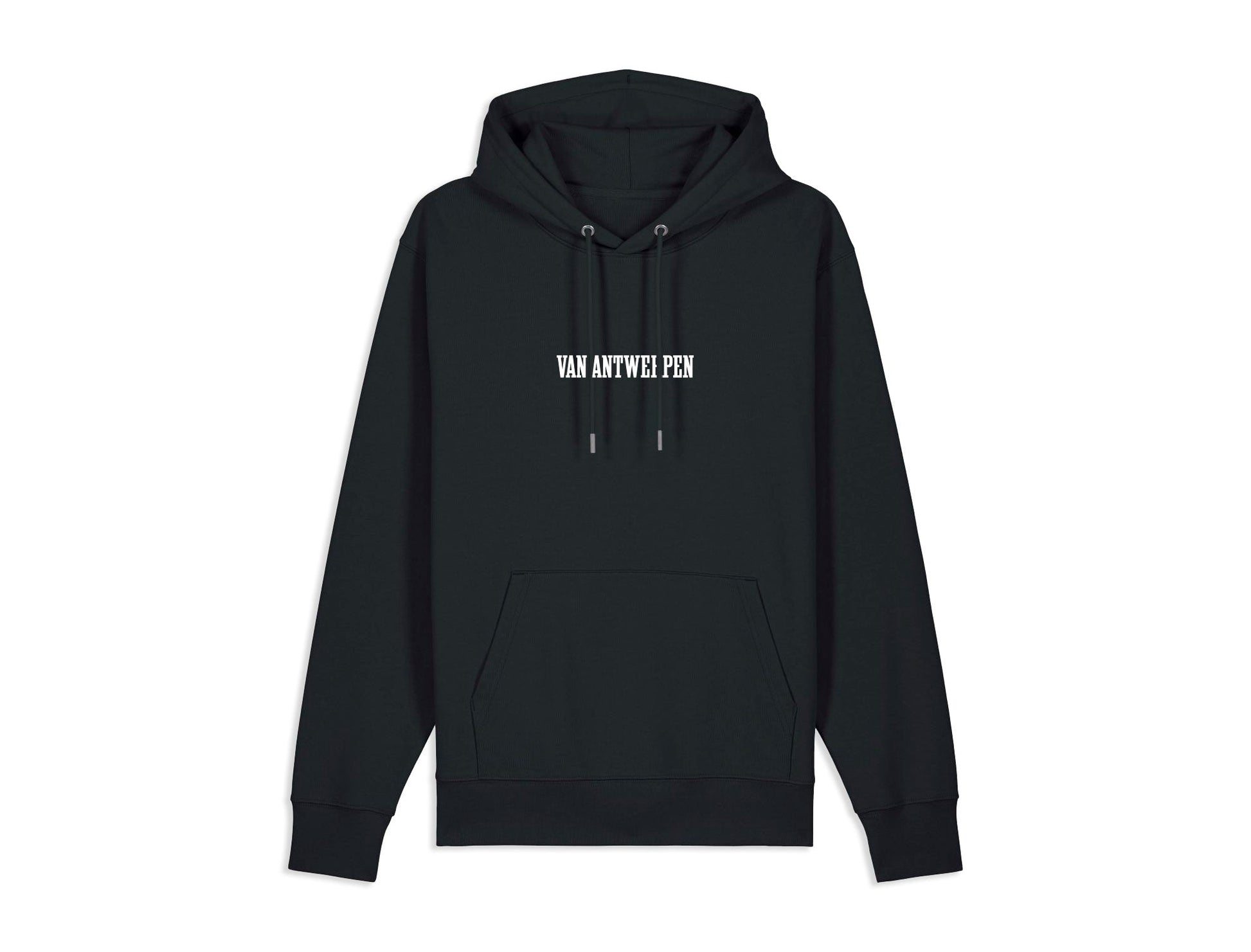Zwarte hoodie met opdruk Van Antwerpen in de typische GVA letters.