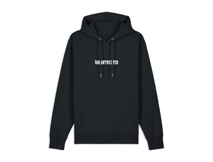 Zwarte hoodie met opdruk Van Antwerpen in de typische GVA letters.
