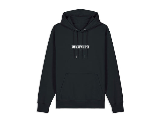 Zwarte hoodie met opdruk Van Antwerpen in de typische GVA letters.