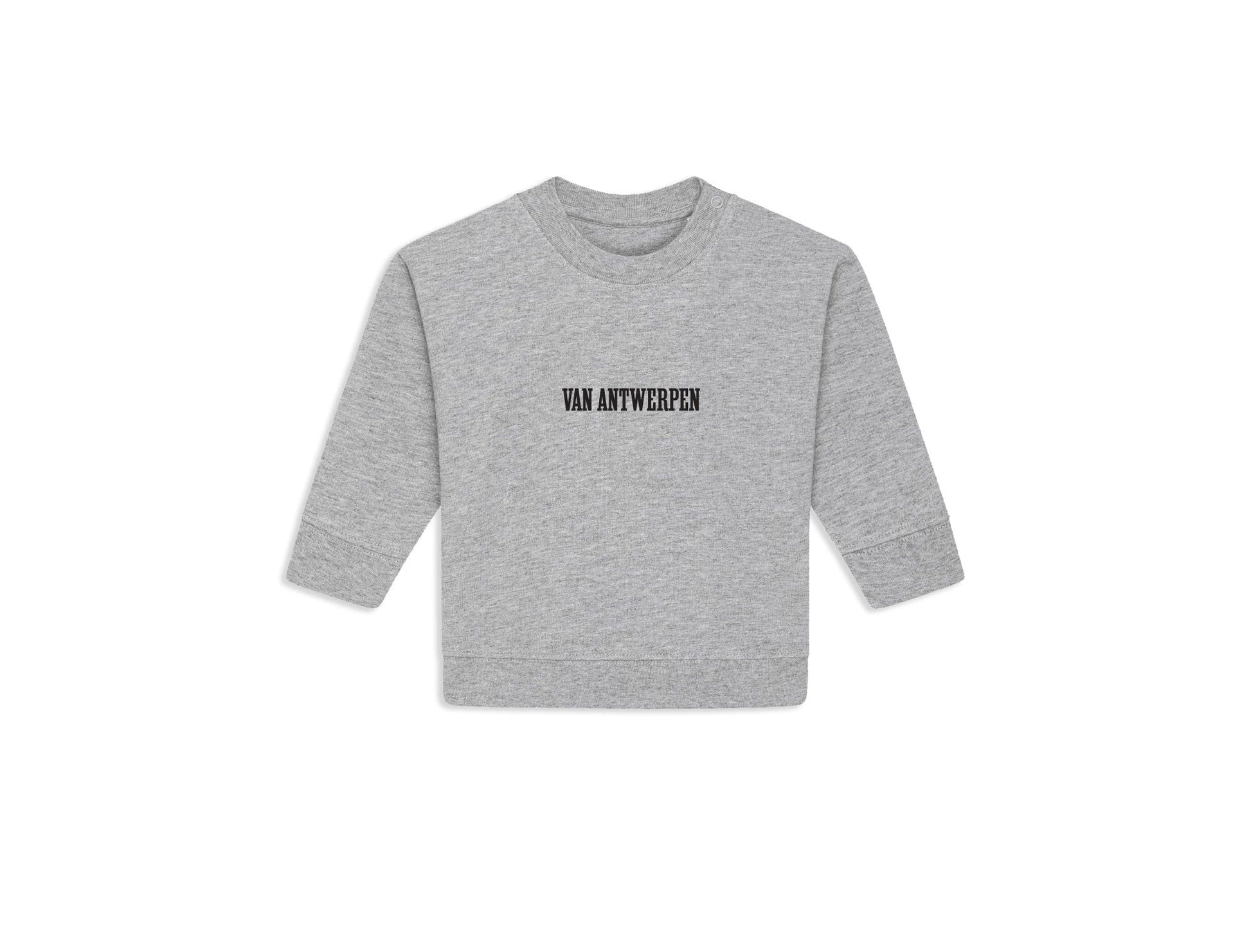 Grijze sweater voor baby's met opdruk Van Antwerpen met typische GVA letters