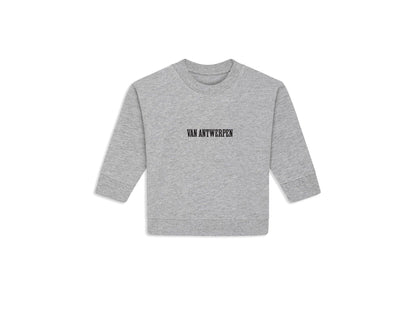 Grijze sweater voor baby's met opdruk Van Antwerpen met typische GVA letters