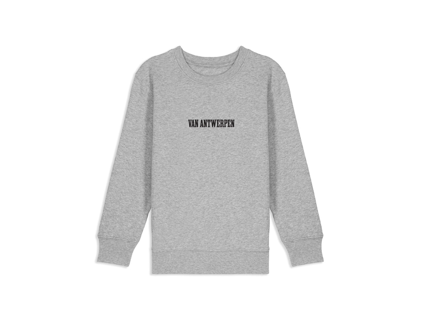 Grijze sweater met opdruk Van Antwerpen met typische GVA letters