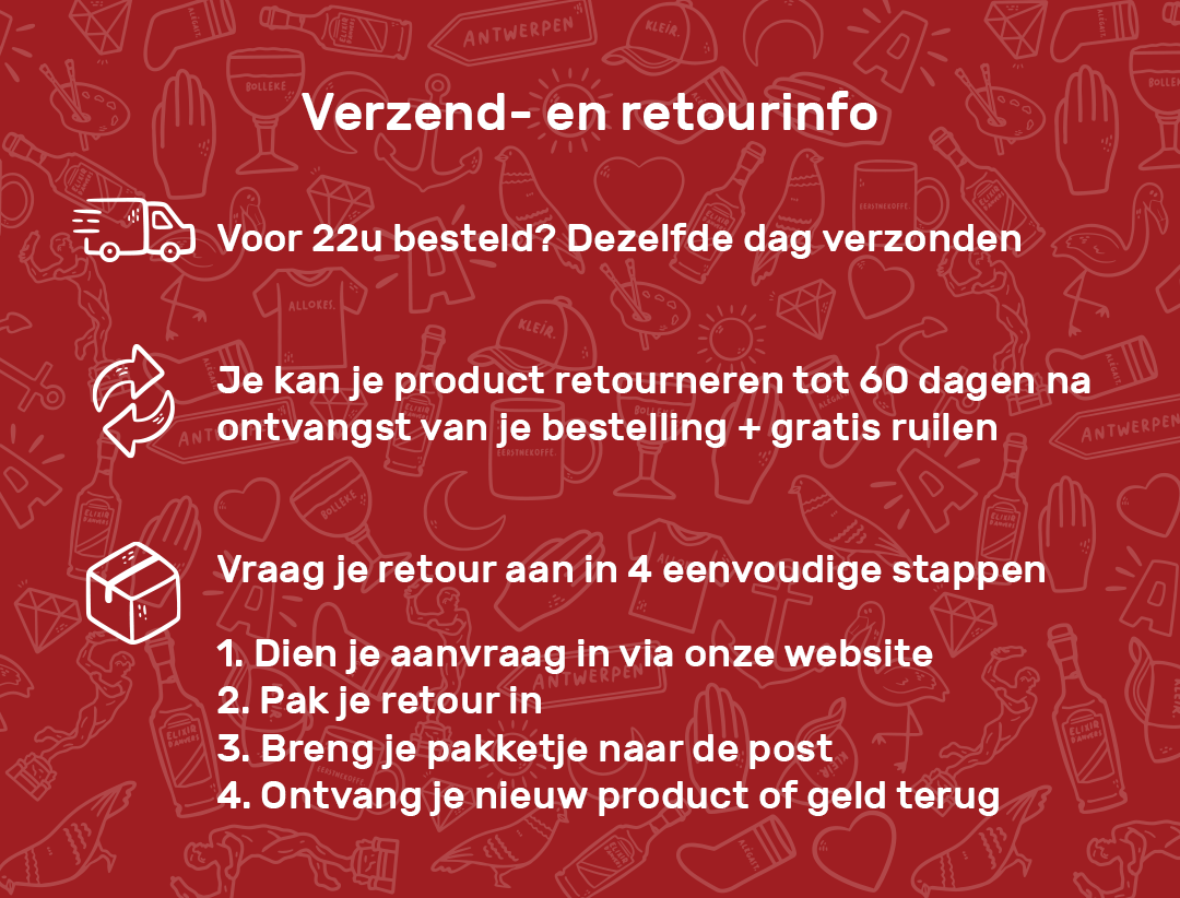 Verzend- en retourinfo van KLEIR. Eenvoudige stappen van retourproces van KLEIR.