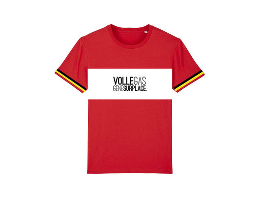 Rode T-shirt met opdruk VOLLEGAS GENESURPLACE.