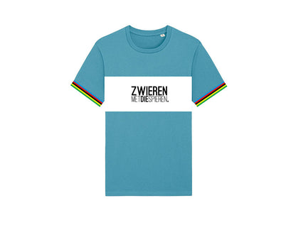 Blauwe T-shirt met opdruk ZWIERENMETDIESPIEREN. 