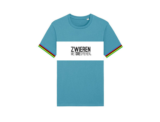 Blauwe T-shirt met opdruk ZWIERENMETDIESPIEREN. 
